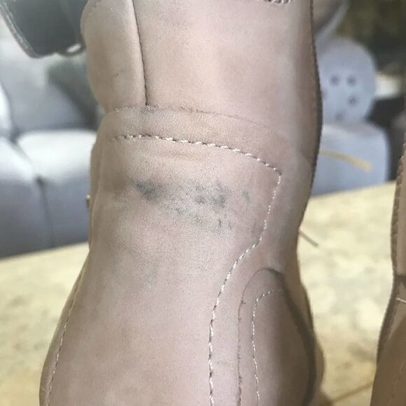 APEPAZZA Suede Combat Bootie| APEPAZZA Tan Leather Peep Toe Combat Boot | Size 7 - Picture 6 of 11